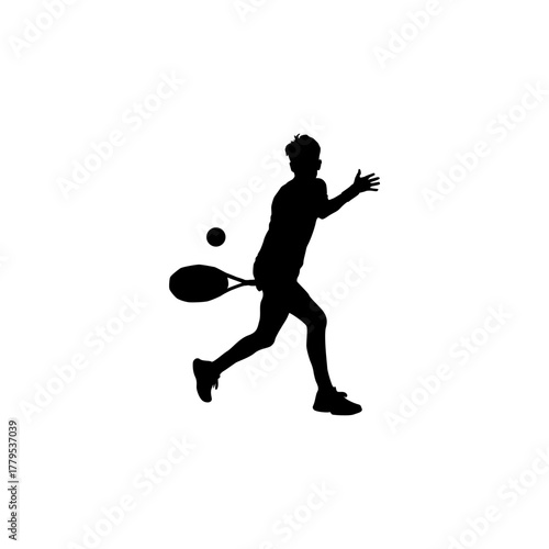 Silhouette of a tennis player in action hitting a forehand shot with a tennis ball and racket