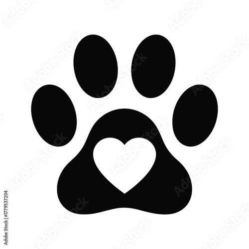 Black paw print with heart inside symbolizing love for animals and pets