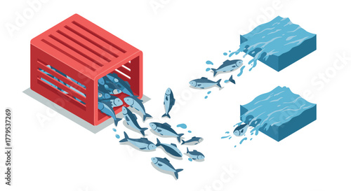 Isometric fish escape ocean conservation and sustainable fishing concept