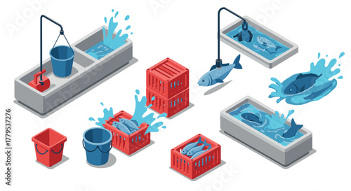 Isometric fish market scene with blue and red elements