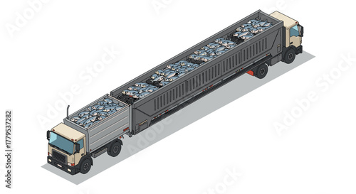 Isometric freight truck filled with fish on a white background