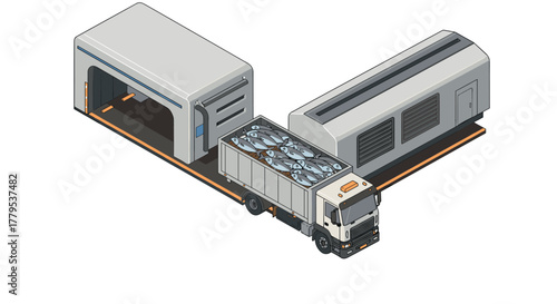 Isometric garbage truck with recycling facility depiction