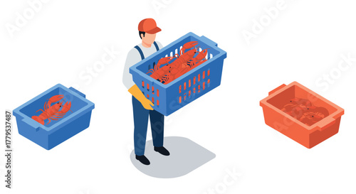 Isometric lobster fisherman with baskets of fresh catch in blue and red containers