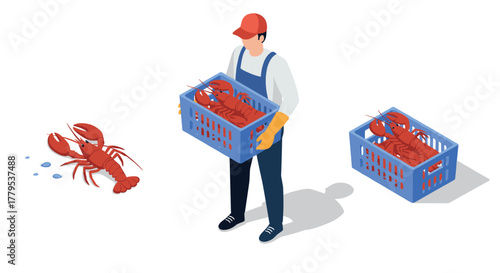 Worker holding lobster crate in isometric style with fresh seafood