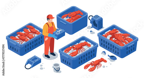 Isometric seafood processing with lobsters and worker in warehouse setting
