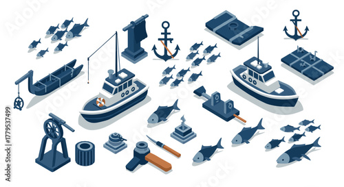 Isometric nautical elements with boats, anchors, and fish in blue theme