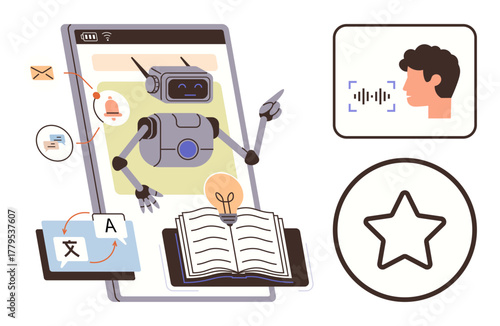 Robot interacting with language tools, open book, translation screens, voice recognition, and rating star. Ideal for education, AI, technology, communication innovation digital tools user