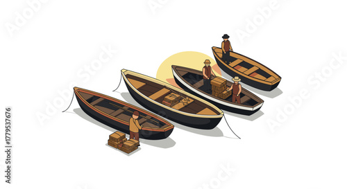 Isometric fishing boats with people and cargo on calm water