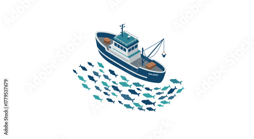 Isometric fishing boat with fish swarm in ocean