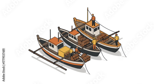 Isometric fishing boats and sailors engaged in dockside loading activity