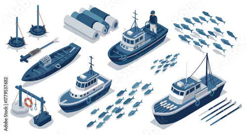 Isometric fishing boats and equipment collection featuring marine life and gear