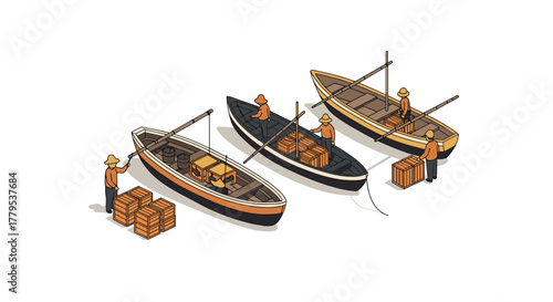 Isometric boats and workers unloading wooden crates on a minimalist white background