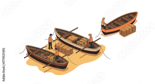 Isometric boats with people loading cargo on riverbank