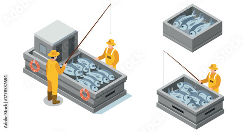 Isometric fishing scene with fisherman on boat and fresh fish catch