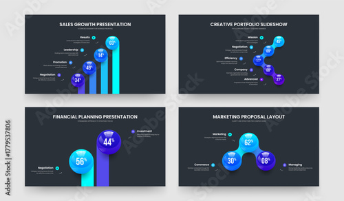 Minimal Launch 4 5 2 3 Option Infographic Slideshow Template Collection. Financial Briefing Four Five Two Three Step Diagram Slide Layout Vector Illustration Set.
