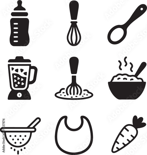 Nine baby food preparation icons with transparent background vector