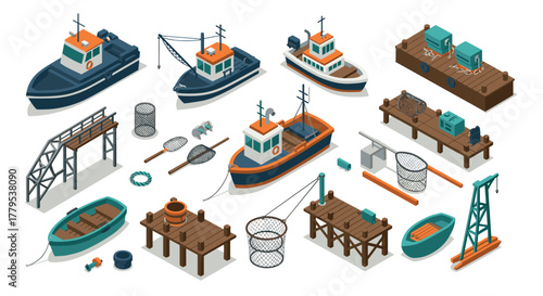 Isometric fishing boats and equipment collection for marine and nautical design