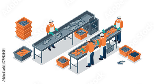 Fish processing facility with workers on production line in isometric style