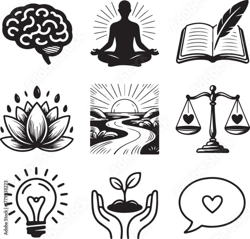 Nine Detailed Mental Wellness Icons with Transparent Background symbols health