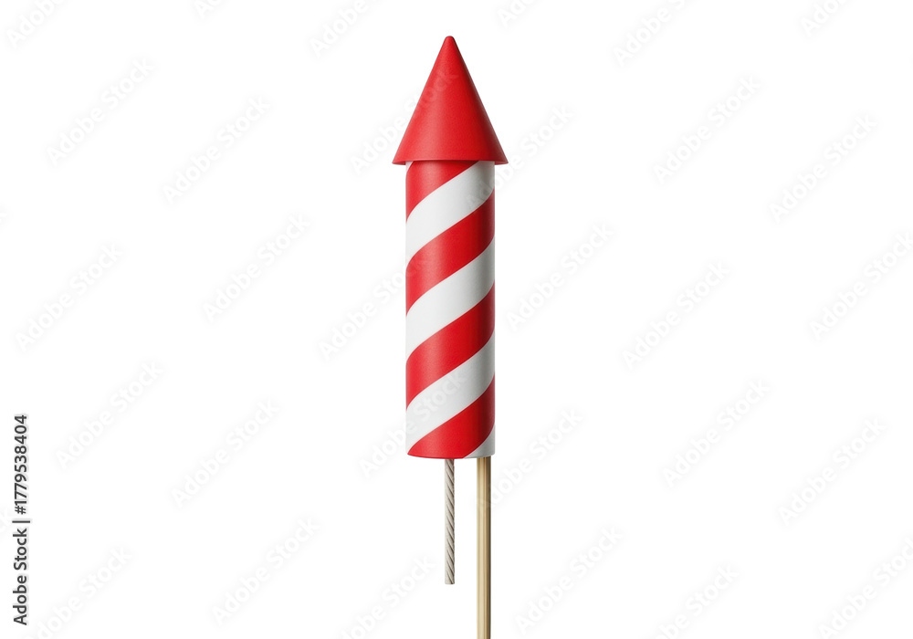 Red and white striped firework rocket PNG isolated on transparent background, festive celebration pyrotechnics for holiday events