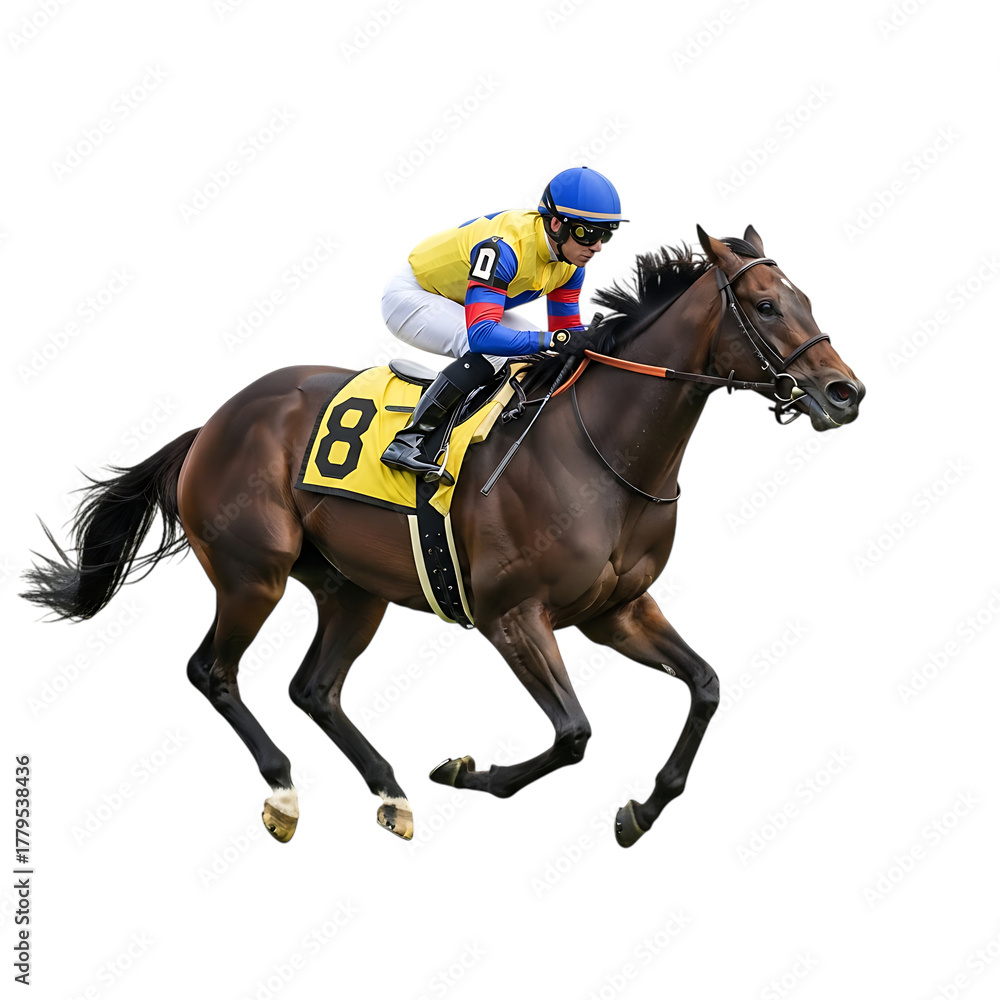 Fototapeta premium Jockey in yellow blue and white racing silks riding a brown horse with yellow saddle cloth number 8, cutout, PNG isolated on white or transparent background