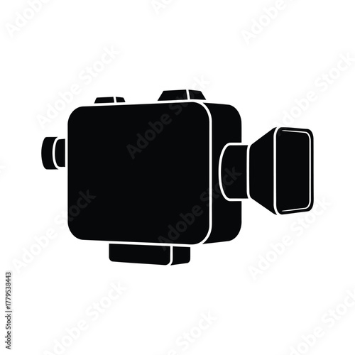 Black silhouette of a vintage movie camera on a white background