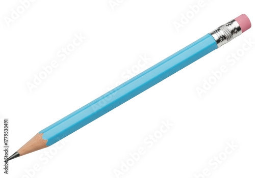 Light blue pencil with pink eraser isolated PNG, writing instrument for school and office supplies on transparent background