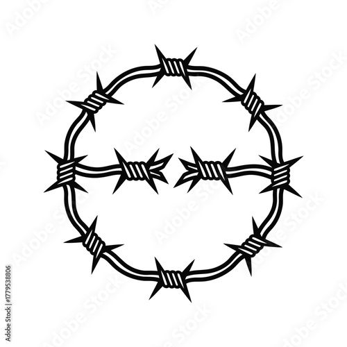 Circular barbed wire design with a gap in the middle creating an abstract symbol