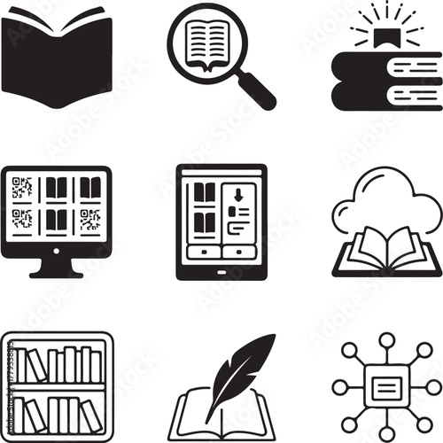 Set of Nine Detailed Digital Library Icons with Transparent Background book