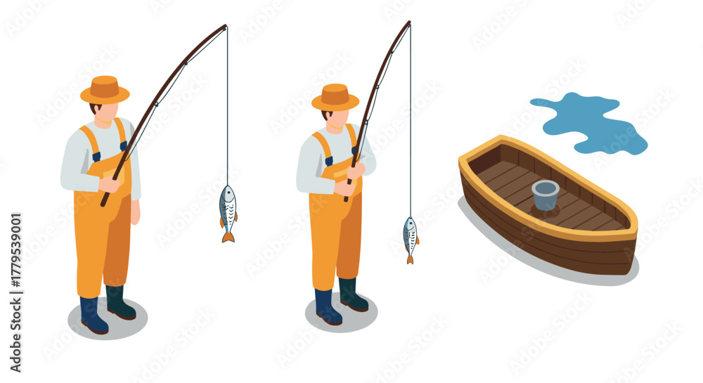 Naklejka premium Isometric fishing scene with fishermen and boat on white background