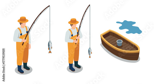 Isometric fishing scene with fishermen and boat on white background