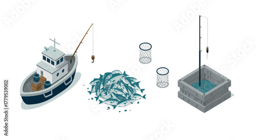 Isometric fishing boat with fish, baskets, and trap illustrations
