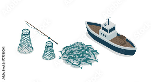 Isometric fishing scene with boat, nets, and fish on white background