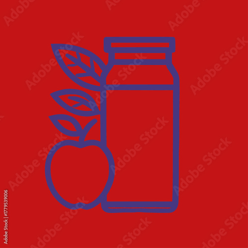 Apple and juice bottle line icon, blue on red, symbolizing fresh smoothies and healthy drinks,