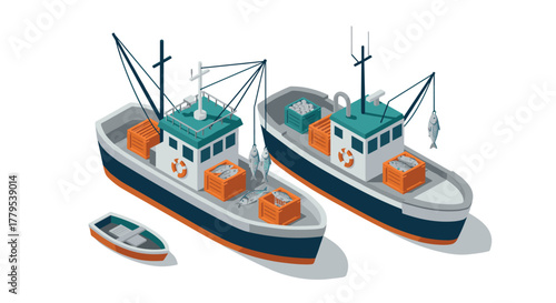 Isometric fishing boats with fresh catch and equipment docked at sea