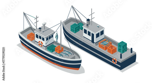Isometric fishing boats with seafood and nets on white background