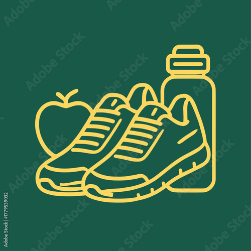 Fitness essentials line art, yellow on dark green, representing a healthy and active lifestyle,