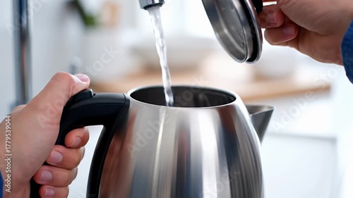 Filling a Stainless Steel Electric Kettle with Water from a Faucet.