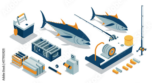 Isometric fishing gear and tuna fish with rods and accessories