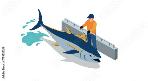 Isometric fisherman catching large tuna on a boat at sea