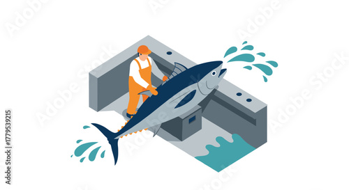 Isometric fisherman handling tuna on fishing boat in detailed scene