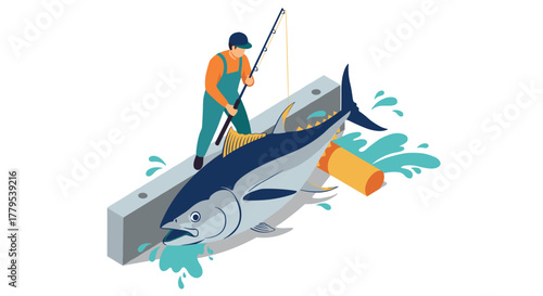 Isometric fisherman catching a giant tuna with splashing water effect