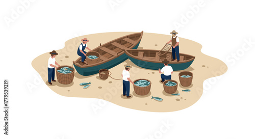 Fishermen on sandy beach with boats and fish baskets in isometric style