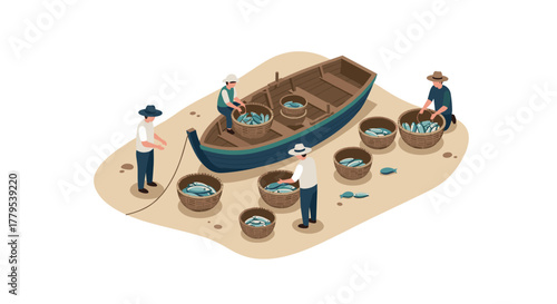 Isometric fishermen sorting fresh catch in baskets on a sandy beach