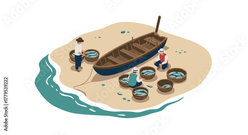 Isometric scene of fishermen unloading fresh catch from boat on sandy shore