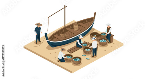 Isometric fishing scene with workers sorting fish near wooden boat