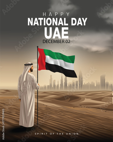 2nd December celebrate happy national day uae. abstract vector illustration of UAE man with  flag  . poster, banner , template design