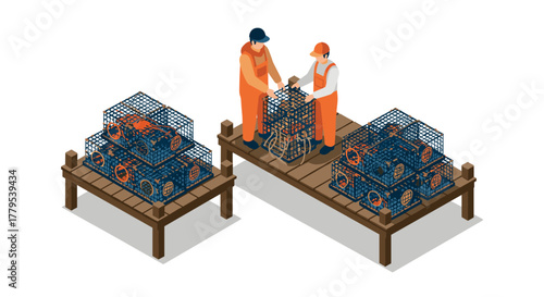 Isometric fishermen arranging lobster traps on wooden dock