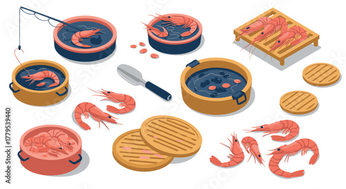 Isometric shrimp cooking scene with pots and griddles