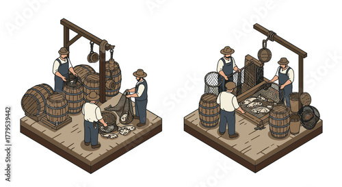 Isometric dock scene with fishermen handling catch and barrels